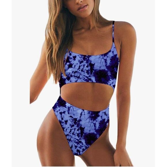 Meyeeka Scoop Neck Cut Out Front Lace Up Back Tie Dye One Piece Swimsuit Sz M - Picture 1 of 13